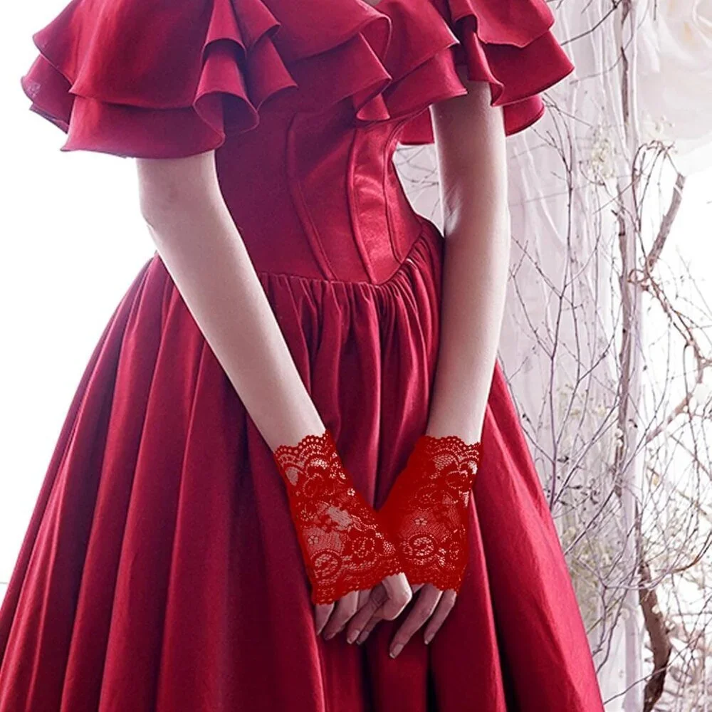 Women's 2 Pair Black Red Lace Fingerless Gloves Party Prom Costume Accessories